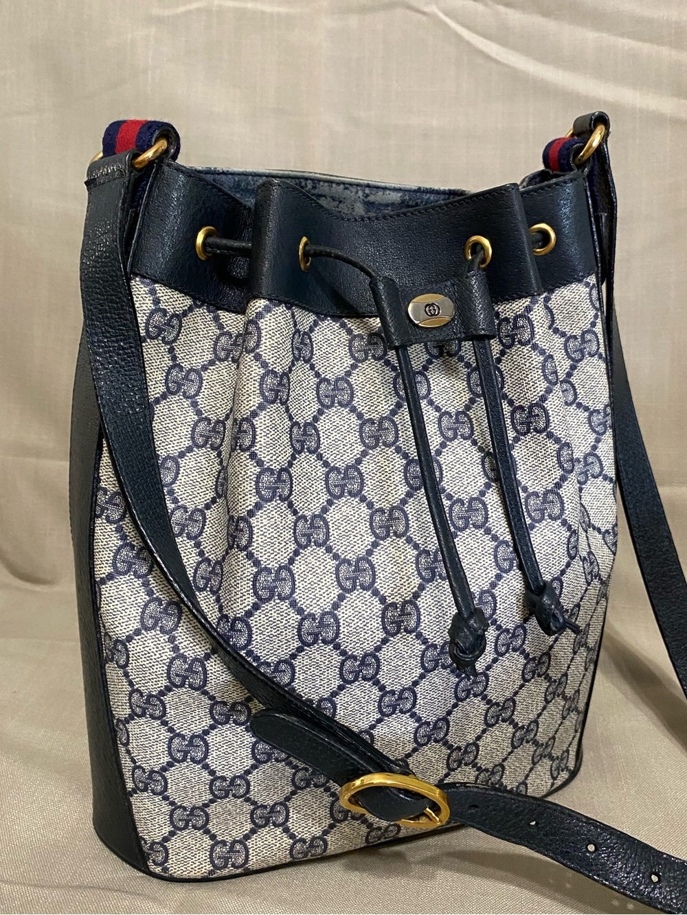 Vintage Gucci Small Drawstring Bucket GG Monogram Navy Shoulder Bag